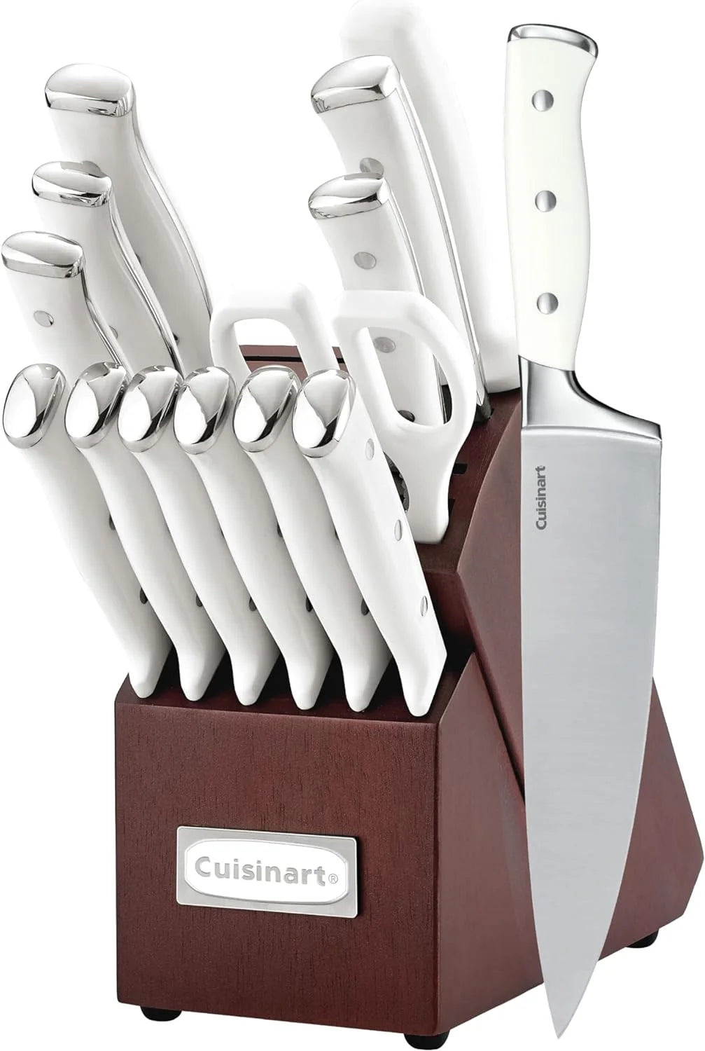 Cuisinart Classic Forged Triple Rivet, 15-Piece Knife Set with Block, Superior High-Carbon Stainless Steel Blades for Precision and Accuracy (Brushed Cherry/White)