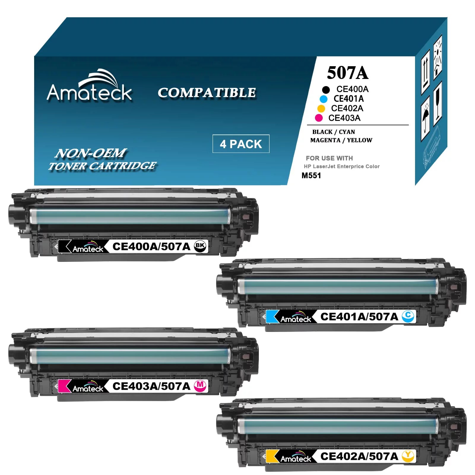Amateck Compatible Toner Cartridge Replacement for HP CE400A 401A 402A 403A 507A 4 Pack for Enterprise 500 Color M551dn, M551n, M551xh, M575dn, M575f, M575c, M570dn