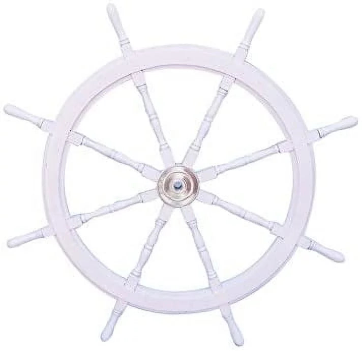 Hampton Nautical Deluxe Class White Wood and Chrome Decorative Ship Steering Wheel 48 - ation