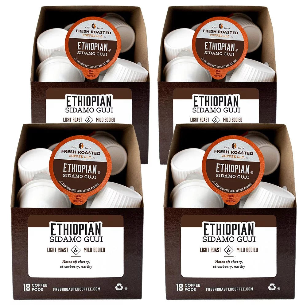 Fresh Roasted Coffee, Ethiopian Sidamo Guji Coffee Pods, Light Roast, K-cup Compatible, 72 Count