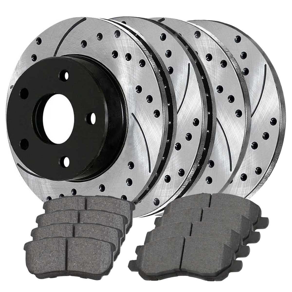 AutoShack Front and Rear Drilled Slotted Brake Rotors Black Performance Ceramic Pad Kit Replacement for 2008-2012 2013 2014 2015 2016 2017 Mitsubishi Lancer 2007 Dodge Caliber 1.8L 2.0L 2.4L AWD FWD